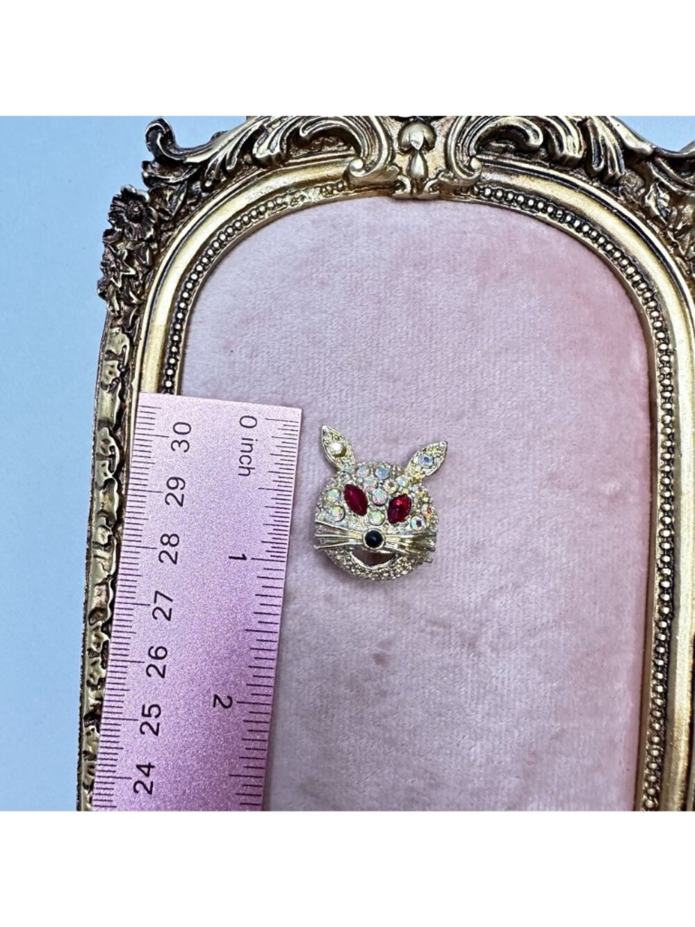 Vintage Aurora Borealis Crystal Rabbit Brooch Pin Red Rhinestone Eyes Gold-Tone - Picture 15 of 16